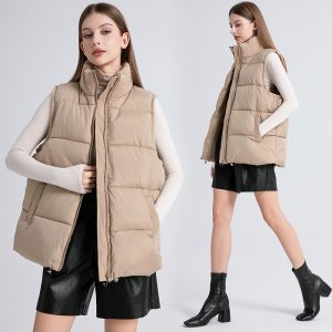 Women’s Sleeveless Mid-length Stand-up Collar Thermal Down Cotton Thickened Vest