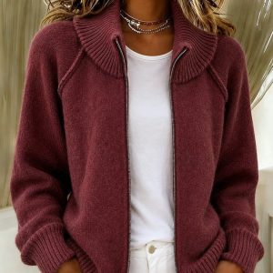 Solid Color Stand Collar Zipper Knitted Cardigan Top