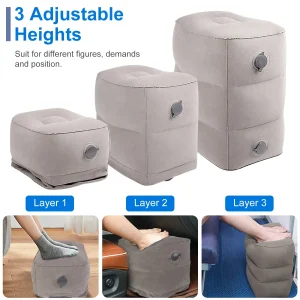 Inflatable Foot Rest Pillow for Travel – Leg Care Cushion to Relieve Swelling & Improve Blood Circulation , 3 Adjustable Heights, Double Cap Valves , Storage Bag for Plane, Car, Train