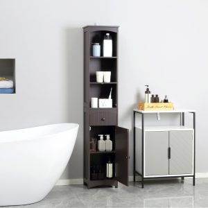 Bathroom Storage Cabinet, Free Standing Bathroom Storage Unit, Tall Linen Tower with 3-Tier Shelves and Drawer, Brown