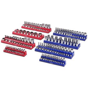Magnetic Socket Organizer Set, 8PCS Socket Holder, 1/4”, 3/8” & 1/2” Metric SAE Socket Trays With Clear Labels, Hold Up To 199PCS Standard & Deep Sockets, Blaue & Red (Sockets Not Included)