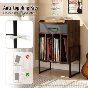 Record Player Stand With Drawer And Record Holder For Music Room, Living Room And Study