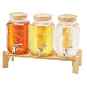 Beverage Dispenser, 3 Pack 1 Gallon Drink Dispensers For Parties, Glass Juice Dispenser With Wood Stand, Stainless Steel Spigot, Infuser, Iced Tea Lemonade Juice Water Dispensers For Parties