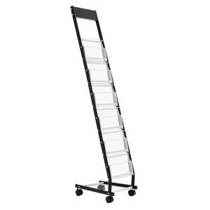 Brochure Display Rack, Narrow 6-Tier Magazine Literature Display Stand With Wheels, Metal Floor Standing Magazine Rack, Movable Newspaper Catalog Holders For Shop Exhibitions Office (6 Pockets)