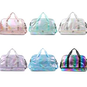 Iridescent Pearl Gym Bag ,Holographic Shiny Sports Duffel With Separate Shoe Compartment,Large Capacity Yoga Bag With Wet Dry Separation ,Trendy Travel Weekender Bag For Women