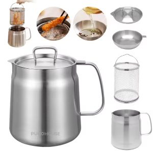 2L Stainless Steel Oil Filter Pot, With Fine Mesh Filter, Oil Storage Tank, Frying Basket
