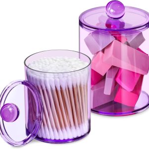 Acrylic Qtip Holder 2 Units, Cotton Ball Storage Jars With Lids, Purple Bathroom Organizer For Vanity And Countertop