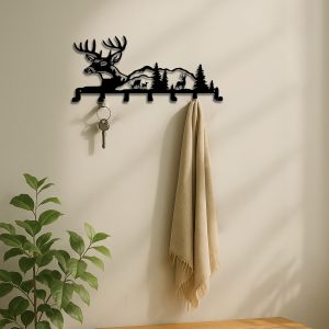 Deer And Forest Metal Key Hook – Nature-Themed Wall Organizer For Entryway Decor