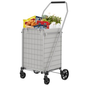 Shopping Cart With Shelf,Grocery Cart On Wheels, Foldable Utility Shopping Carts With Double Basket And 360 Rolling Swivel Wheels For Groceries Laundry,Grey