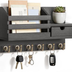 Wall Mount Key Holder With Drawer And 6 Sturdy Hooks, Black Key Rack Organizer For Entryway, Home And Office