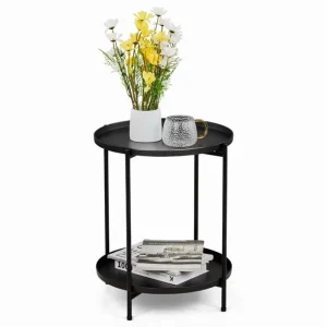 2-Tier Patio SideTable, Outdoor Metal Round Small CoffeeTablewith Removable Tray, Weather Resistant EndTablefor Indoor OutdoorGardenBalcony Yard, Black
