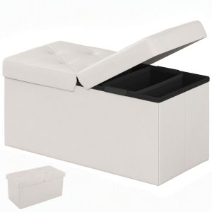 Folding Storage Ottoman, Compact Flip-Top Ottoman With Divider, Padded PVC Seat, Space-Saving Footrest Stool For Bedroom, Entryway, Living Room