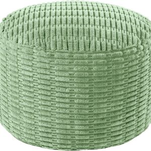 Unstuffed Ottoman Pouf Cover, Round Faux Fur Footstool With Storage, Fuzzy Floor Bean Bag Cover, Sage Green Striped Tufted