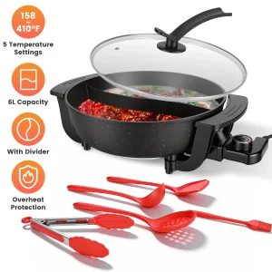 6L Electric Hot Pot with Divider 1100W Dual-Flavor Pot Shabu Shabu Pot Non-Stick with 5-Temp Control for Shabu Shabu Fondue Perfect for Family Gatherings & Parties