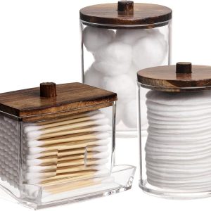 3 Pack Q Tips Holder Bathroom Containers 10 Oz Cotton Swab & Ball Dispensers, Apothecary Jars With Brown Wood Lids