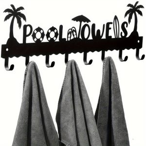 CIFbuy1 PC A Very Practical Modern Pool Towel Rack Made Of Handmade Iron With 8 Hooks For Storage, Rust Proof Wall Mounted Spa Beach Decoration, Black Coati