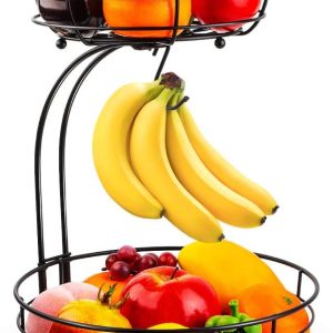 2-Tier Iron Countertop Fruit And Vegetable Basket With Banana Hanger, Black Kitchen Storage Organizer
