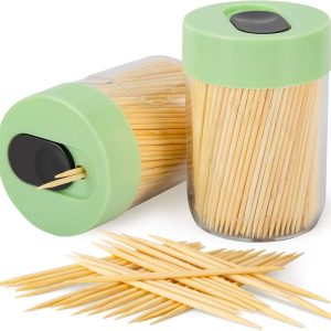 Toothpick Holder Set 2 Units With 800 Natural Wooden Toothpicks, Sturdy Green Holder For Kitchen And Dining Table