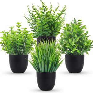 4 Pack Small Fake Plants In Black Pots, Artificial Mini Plants For Bathroom, Office, Bedroom, Desk, Shelf & Home Decor