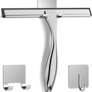All-Purpose Stainless Steel Shower Squeegee For Shower Glass Door With 2 Adhesive Hooks, Bathroom Cleaner Tool Household Window Mirror Squeegee , Cleaning