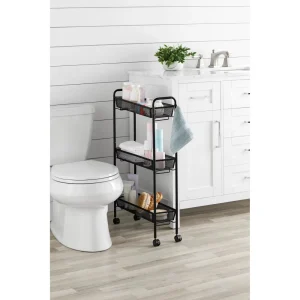 Slim 3-Tier Rolling BathroomStorageCart with Hooks, Black