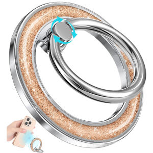 Phone Ring Holder Compatible With MagSafe – Magnetic Cell Phone Grip For Women Glitter Magnet Removable Finger Ring Grip Stand Cute Shine , Golden Rose