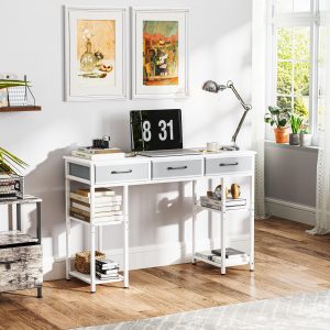 47″ Small Computer Desk, Writing Desk with Fabric Drawers, Home Office Desk with Adjustable Shelves, White