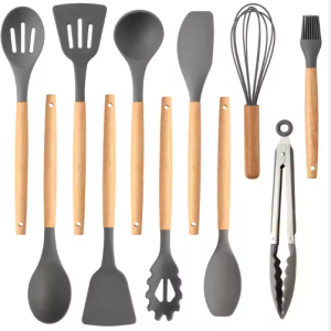Non-Stick Silicon 12 Pcs Heat Resistant Wooden Handle Kitchen Cooking Utensils Set, Gray Color