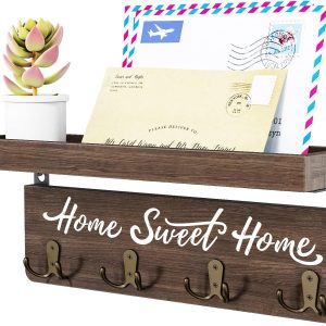 Wall Mount Key Holder With 8 Hooks, Brown Cozy Home Sign And Key Rack For Entryway, Hallway, Doorway And Home Organization