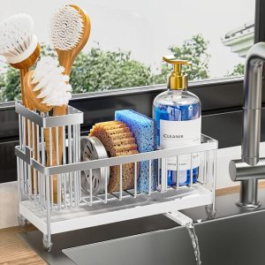 Stainless Steel Kitchen Sink Sponge Holder With Tall Brush Holder, Rustproof Countertop Caddy Organizer 9.25 Inch