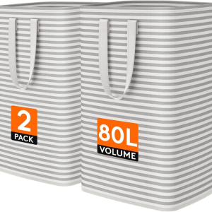 2PCS 80L Large Laundry Baskets, Foldable Laundry Hamper Bags, Spacious Clothes Storage Bins, Grey