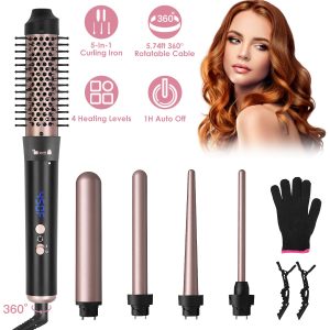2 Type Options–1Pc 5 In 1 Curling Wand Hair Curling Iron Brush Anti-Tangle Hair Thermal Brush Curler With 4 Heating Levels 360 Degree Rotatable Cable 5 Interchangeable Barrels 2 Clips 1H Auto Off