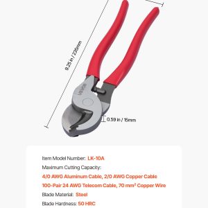 High Leverage Cable Cutter, 9-1/4 In Compact, Forged Blades And PVC-Coated Handles, Heavy Duty Cable Cutting Pliers Tool For 4/0 AWG Aluminum, 2/0 AWG Soft Copper And 100-Pair 24AWG Comm Cables