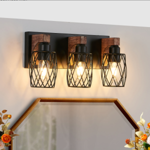 18inch Industrial Vintage 3-Light Wall Sconce – Black Cage Wall Lighting Fixture With Wooden Accents For Bathroom, Hallway, Or Living Room Bulb Not Included
