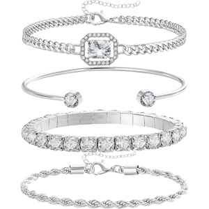 4PCS Dainty Gold & Silver Bracelets For Women, 14K Gold Plated Link Chain Bracelet Set, Minimalist Stackable Fashion Jewelry