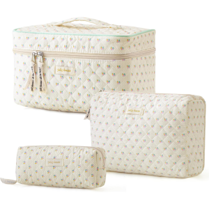 Quilted Makeup Bag, 3Pcs Cotton Large Travel Makeup Bags Organizer