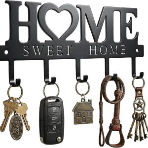 Black Metal Wall-Mounted Key Holder With 5 Hooks, Decorative Entryway Organizer For Keys, Bags And Leashes