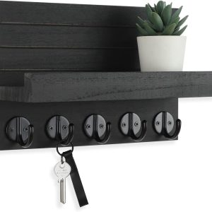 Wall Key Holder With Shelf, Decorative Key & Mail Organizer, Large Hooks For Bags, Coats & Umbrellas, Paulownia Wood