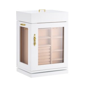 Jewelry Box, 360° Rotating Jewelry Organizer With Magnetic Door, Acrylic Window And Built-in 4 Necklace Hooks, Spacious Storage Case With Metal Handles, Bottom Pad And Soft Flannel Lining, White