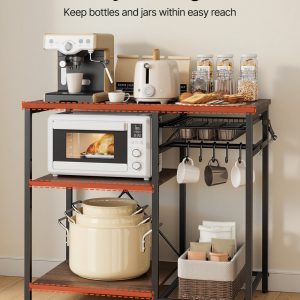 Kitchen Bakers Rack, 35.4 Inch Width Bakers Rack, Kitchen Stand With X-Shaped Support Bar, 5 S-Shaped Hooks, Multi-Layer Storage Shelf, Coffee Bar Stand For Dishes & Bowls, Spice Bottles