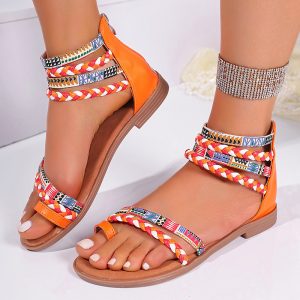Ethnic Style Flat Sandals Summer Clip Toe Colorful Weave-straped Shoes With Back Zipper Women’s Bohemian Beach Shoes