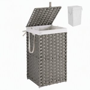 Laundry Basket With Lid, Hand-Woven PP Rattan, With Handle, Foldable, Removable Liner