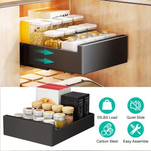 1Pc Pull Out Cabinet Organizer Carbon Steel Slide Out Drawer Storage Smooth Quiet Slide Rails For Kitchen Bathroom Living Room Black 11.81×16.92×2.75inch