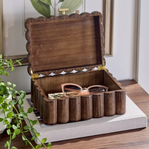 Scalloped Wooden Jewelry Box With Lid, Decorative Trinket Storage Organizer, Natural Wood