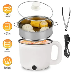 1.8L Electric Hot Pot with Ceramic Inner Liner, Dual Power 300W/600W Multi-Cooker with Steamer Rack, Auto Shut-Off Dry-Boil Protection, Portable Electric Cooker for Dorm Office Travel
