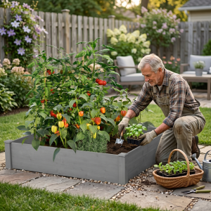 Raised Garden Bed 48x48x10”, Outdoor Wood Planter Box Over Floor, Tool-Free Assembly