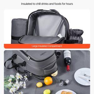 Beach Picnic Backpack Bag For 2 Person With Cooler Compartment Grey