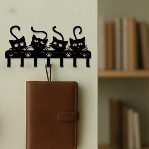 1pc Black Cats Wall Hooks Key Holder W 7 Hooks – Black Iron Wall-Mounted Rack