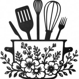Black Farmhouse Metal Kitchen Wall Decor With Floral Utensil Design, Rustic Hanging Art For Dining Room And Coffee Bar