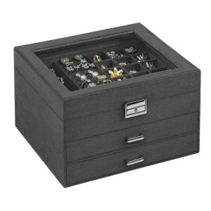 Jewelry Box, Lockable Storage Organizer With Glass Window